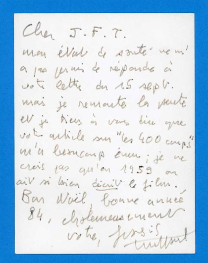 Lettre de François Truffaut à Jean-François Tarnowski